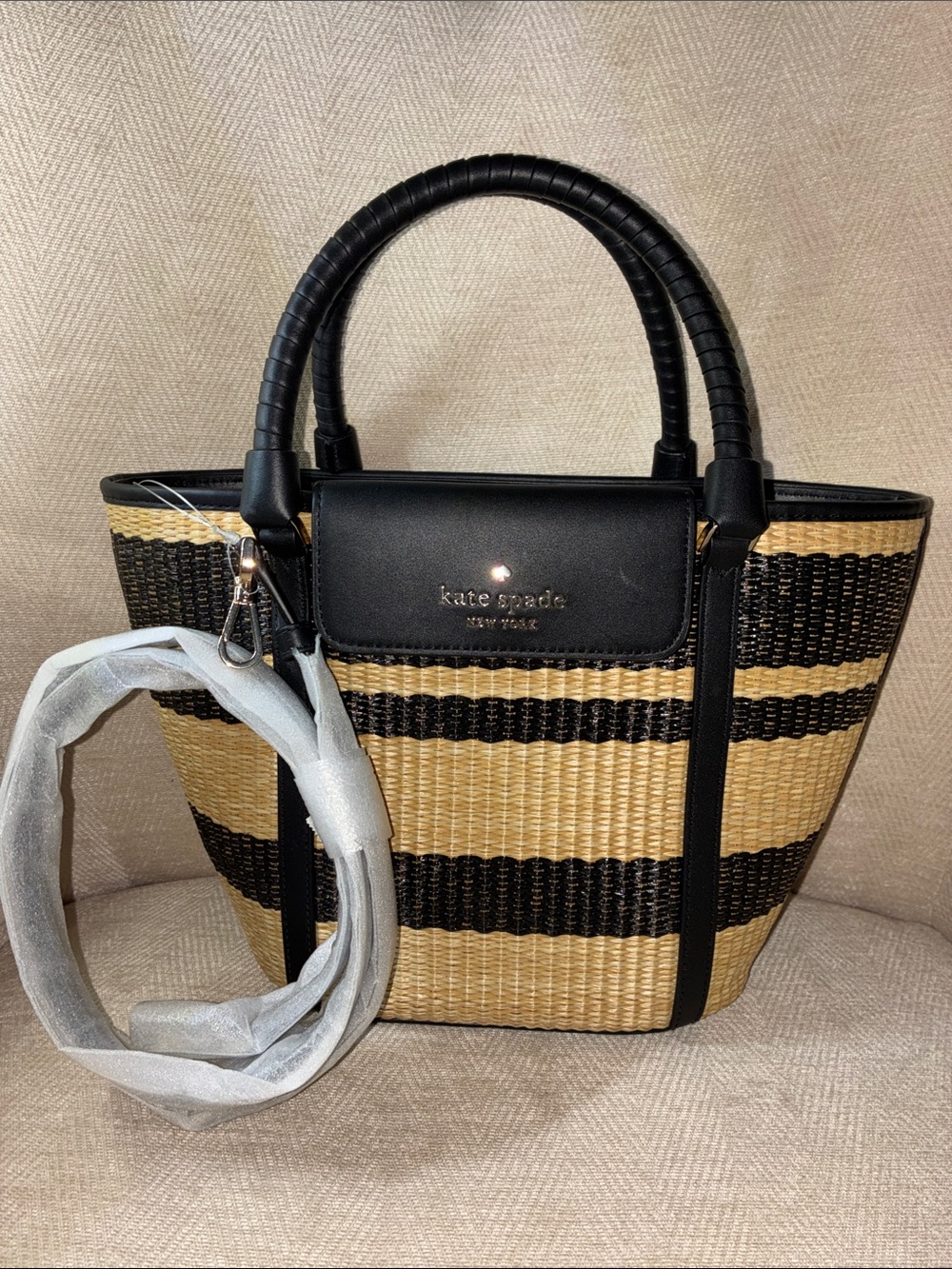 kate spade Black Leather and Natural Striped Woven Tote with Top Handles